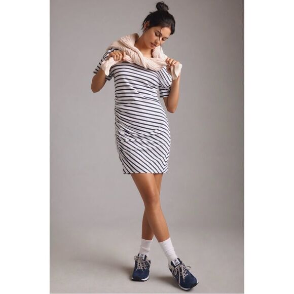 NEW Anthropologie Sundry Nautical Striped Ruched T-Shirt Mini Dress X-Small - Picture 2 of 4